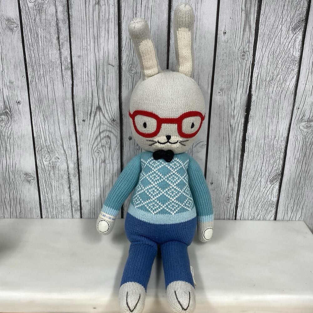 Cuddle + Kind Benedict Bunny Rabbit Plush Toy Red Glasses Knit 23” Handmade